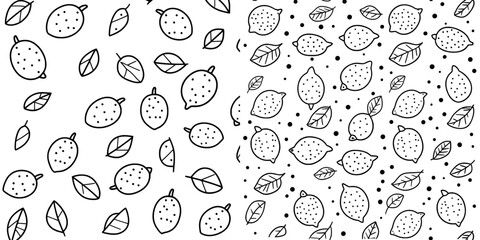 A beautiful black and white seamless doodle pattern featuring cute doodle lemons is showcased in this hand drawn trendy background, ideal for design backgrounds on greeting cards, invitations,