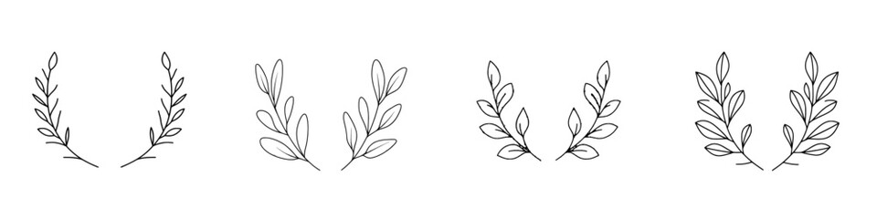 A modern hand-drawn frame featuring a floral wreath with leaves, ideal for weddings and holidays, with decorative elements for design purposes, set against a white background
