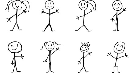 Set of doodle kids figures drawing. Collection of happy cartoon characters stickman waving. Vector illustration of cute emotion stick figures of males and females. Hand-drawn. Outline, minimalistic.