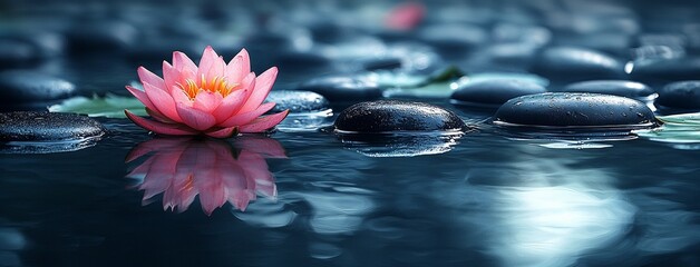 The ambiance of a peaceful zen garden is created with lotus flowers, water, and spa stones