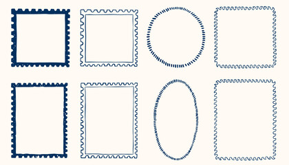 Hand drawn ink vintage frames in marine sea coastal style. Stamp or letter mark frames for greeting cards, wedding, birthday party, invitations. Minimalist coquette vector borders. Sketch art line