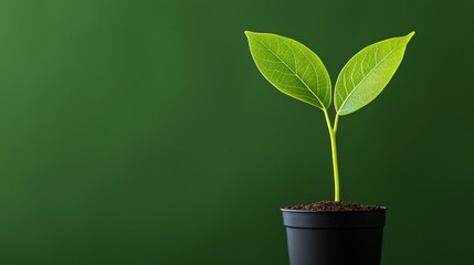 Young Plant Budding in a Small Black Pot Against a Green Backdrop, Growth Concept, Isolated Nature Image