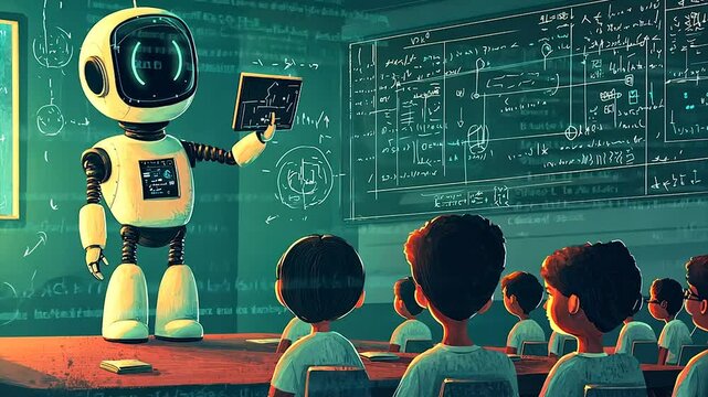 Robot teacher instructs children in math class