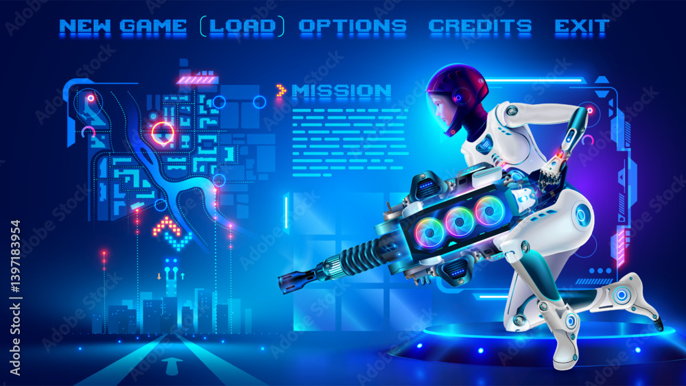 Aufkleber Character fo space shooter in an abstract computer video game in menu frame, interface with buttons game menu. Interface computer shooter video game. Screenshot of a video game. Pixels test menu.