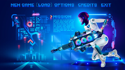 Character fo space shooter in an abstract computer video game in menu frame, interface with buttons game menu. Interface computer shooter video game. Screenshot of a video game. Pixels test menu.