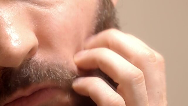 A detailed close-up of a bearded man shaving a part of his face, focusing on grooming and precision.