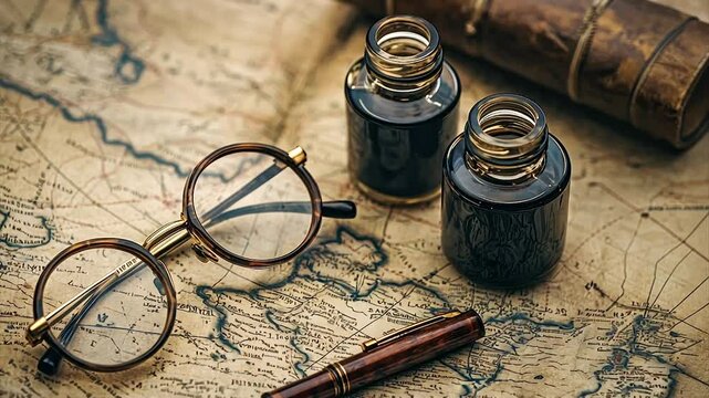 Antique map, inkwells, glasses, and pen