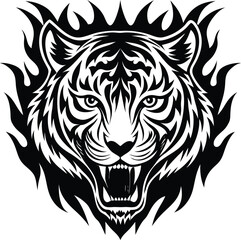 Black and White Illustration of a Fierce Tiger with Tribal Flames
