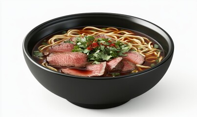 Beef noodle soup in black bowl, Asian cuisine, food photography, restaurant menu