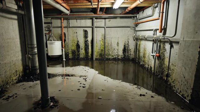 Flooded unfinished basement interior with standing water, moisture, mold, pipes and utilities, revealing signs of leakage and damage.