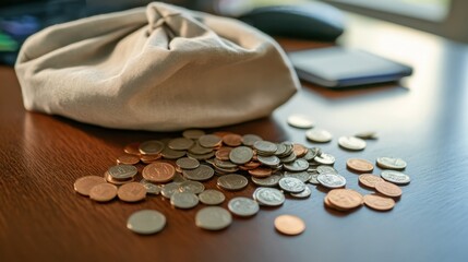 Bag of Coins Spilled on Wooden Table with Smartphone in Background