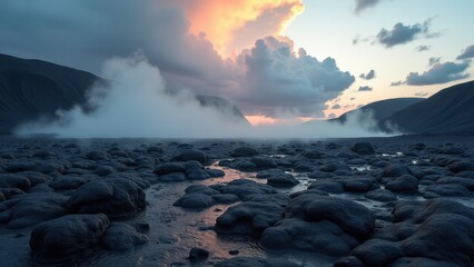Fototapeta premium Volcanic terrain with wet cracked ground and rising mist under stormy sky 