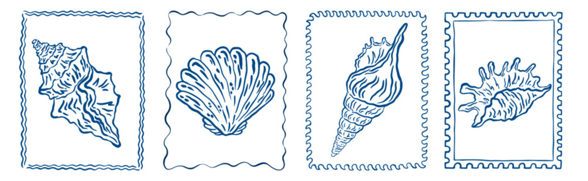 Vintage marine stamp with hand drawn seashells. Minimalist vintage marine prints. Summer coastal design elements for trendy poster, invitation, banner, menu cover. Retro frame or border design