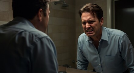 Angry man stares at reflection bathroom mirror dim light. AI Generated