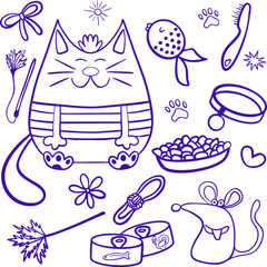 Pet doodle vector set. Collection isolated on white background. Food, toys, bone. Pet shop or store concept. Hand drawn  