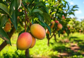 Ripe Mangoes Hanging from Lush Green Trees in a Sunny Orchard, Capturing the Essence of Fresh Fruit Harvesting in a Vibrant Nature Setting