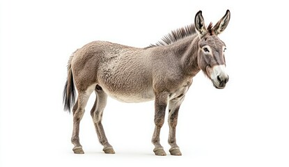 Realistic Brown Donkey Standing Against White Background in Studio Setting, Highlighting Unique Features and Expressive Face