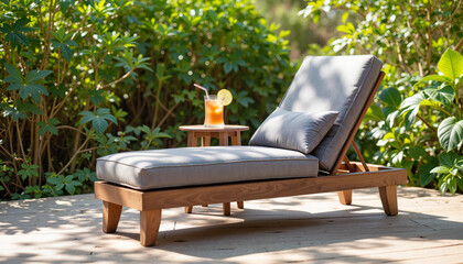 Relaxing chaise lounge with cocktail in lush garden, summer leisure