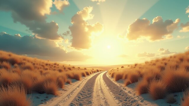 Sandy desert track with dry grass under dramatic sunrise and glowing sky	