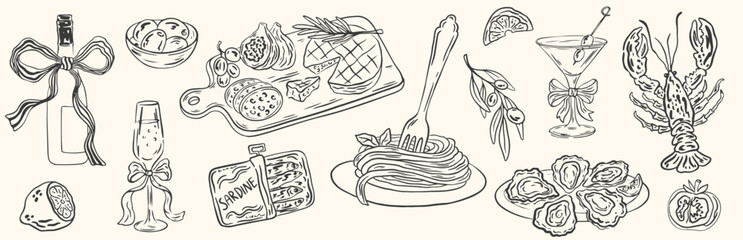 Hand drawn chalk food vector illustrations. Birthday party doodle icons. Anniversary celebration. Champagne, cheese, lobster, oysters, charcuterie, pasta. Drawings for invitations, cafe, menu.