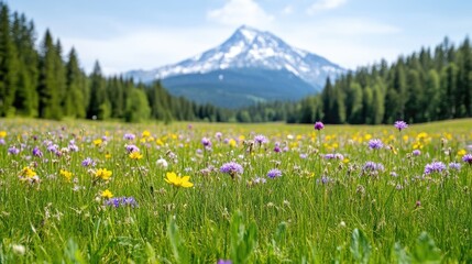 Obraz premium Mountain meadow bursting with wildflowers. A vibrant display of colorful blooms in a grassy valley, with a majestic snow-capped mountain in the background
