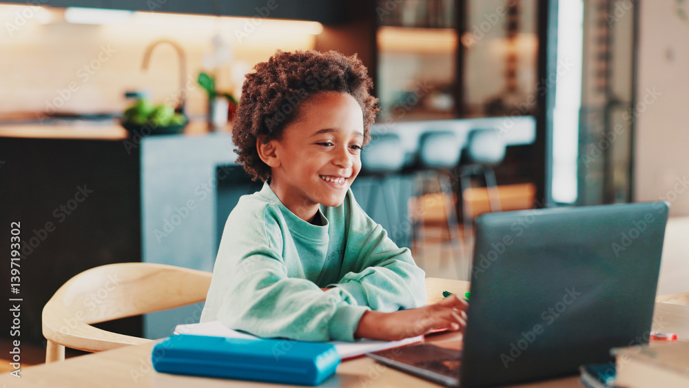 Poster homework, laptop and child in home for online learning, education and virtual lesson on school websi