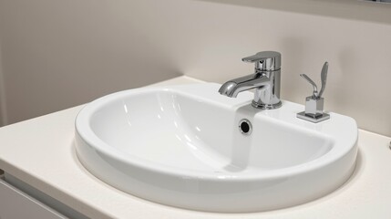 Fototapeta premium Modern sink with chrome faucet in a clean bathroom setting.