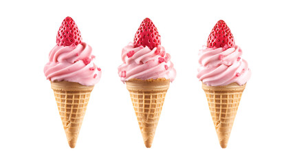 Pack of Strawberry Ice Cream Cone Set Against Transparent Background for Food or Dessert Projects