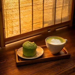 A small caf&eacute; in Kyoto just before dusk, a matcha latte with delicate foam art and a slice of mochi cake on a wooden tray, with soft rays of golden light coming through a paper window screen.
