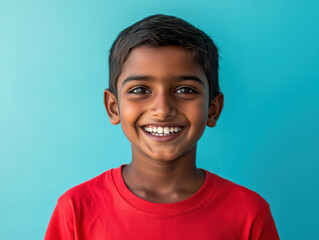 A young boy with dark skin, radiating pure joy, smiles against a vibrant turquoise backdrop. 