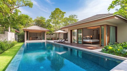Luxurious villa with private pool surrounded by lush greenery under a bright blue sky in a tropical paradise setting