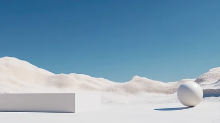Dynamic 3d sphere and block interaction in minimalist white landscape virtual art environment aerial view