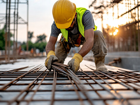 Worker with contruction iron lines for building foundation. new construction project. 