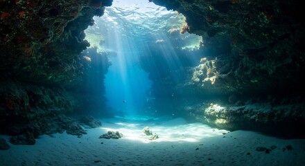 Underwater Cave Sunlight Beams Peaceful Ocean Scene. AI Generated