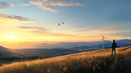 Renewable energy professionals standing in a wind farm. wind energy solutions in front of a wind turbine. 