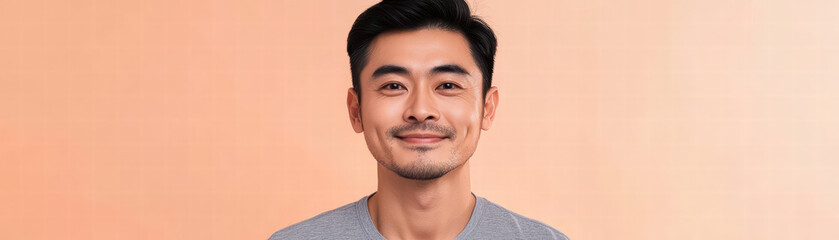 Obraz premium Gentle man's smile: A close-up portrait of a man, exuding warmth and friendliness with a subtle smile, set against a backdrop of soft, warm hues.