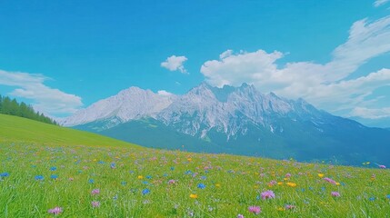 Fototapeta premium Scenic Mountain Landscape with Vibrant Wildflowers Under Bright Blue Sky