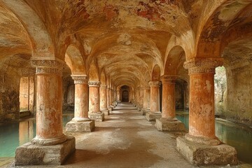 Obraz premium Ancient columned hall filled with still turquoise water