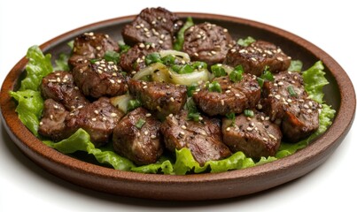 Grilled beef cubes, sesame seeds, onions, lettuce, wooden plate, white background; food photography