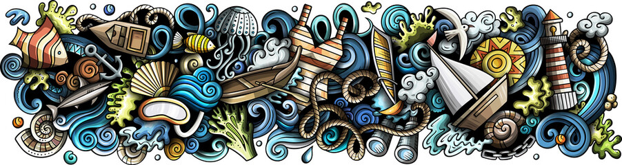 Cartoon cute hand drawn colorful doodle Marine horizontal banner design