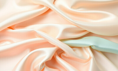 Luxurious satin fabric in soft peach and mint colors, showcasing smooth texture and elegant draping. Perfect for fashion, upholstery, or decorative projects