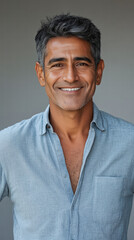 Obraz premium Smiling Man Portrait: A portrait of a middle-aged man with graying hair, wearing a light blue shirt, smiling warmly and directly at the camera. His expression conveys confidence, approachability.