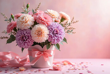 Generated image, A bouquet of carnations on a pink background. Mother's day image. Expressing gratitude.	 pastel color.