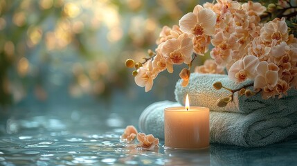 A peaceful vision of a spa setting adorned with candles and featuring a soothing pastel color scheme