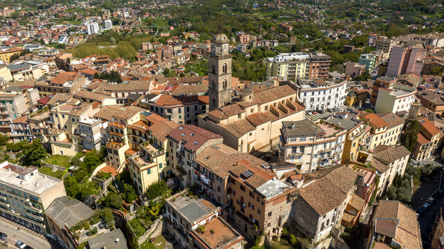 Aerial view of the bell tower of the cathedral in the historic center of Frosinone, Lazio.