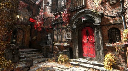 Fototapeta premium Autumn leaves fall on old brick alleyway