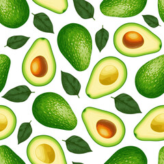 Avocado. Seamless pattern of avocado on white background. Whole and sliced ​​avocado with leaves. Design is great for wallpaper, fabric, labels, packaging.