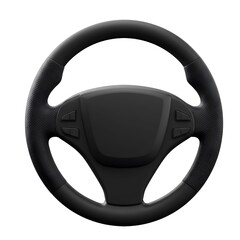 Closeup View of a Modern Black Leather Car Steering Wheel with Control Buttons
