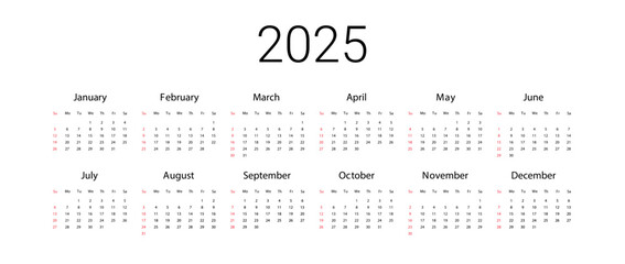 USA 2025 calendar. English Vector design template start from Sunday. Full for wall calendar