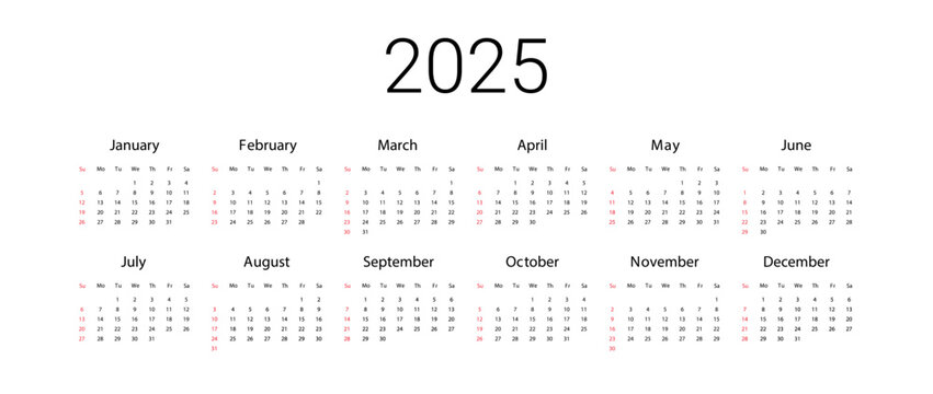 USA 2025 calendar. English Vector design template start from Sunday. Full for wall calendar